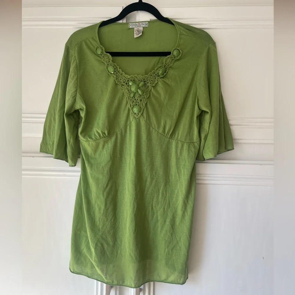 Vintage Suzie Green Beaded Petite Large 3/4 Sleeve Top Stretch USA Wmn's L